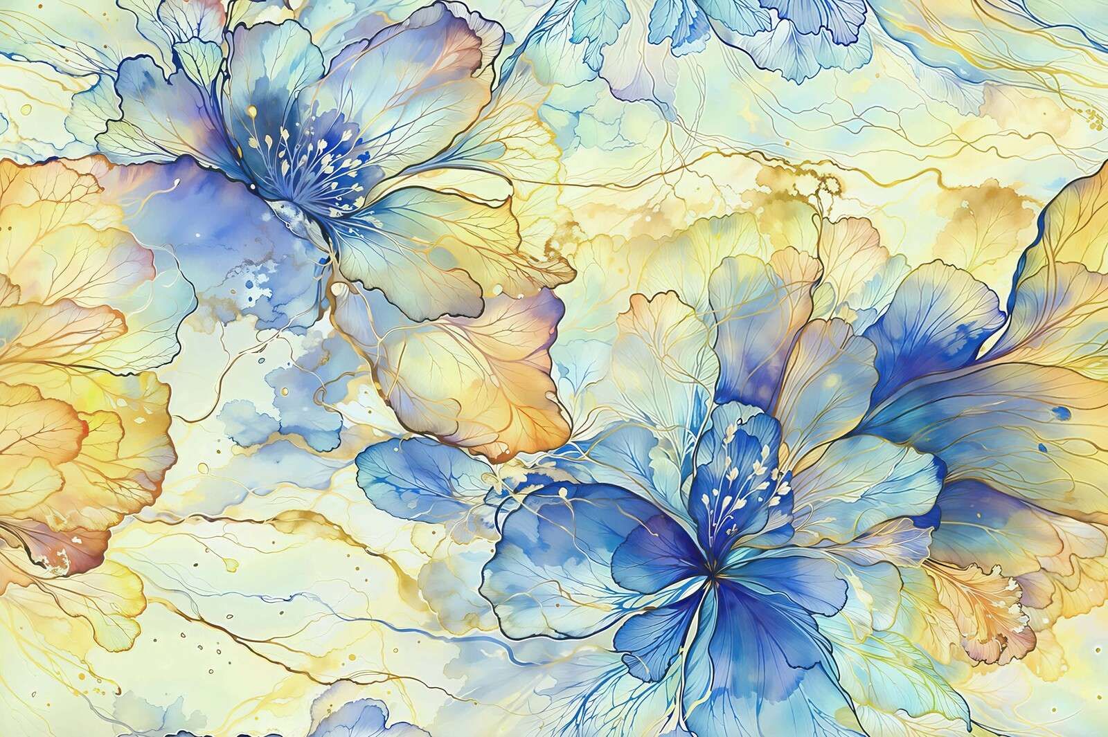 Aquarellblumen in Blau und Gold