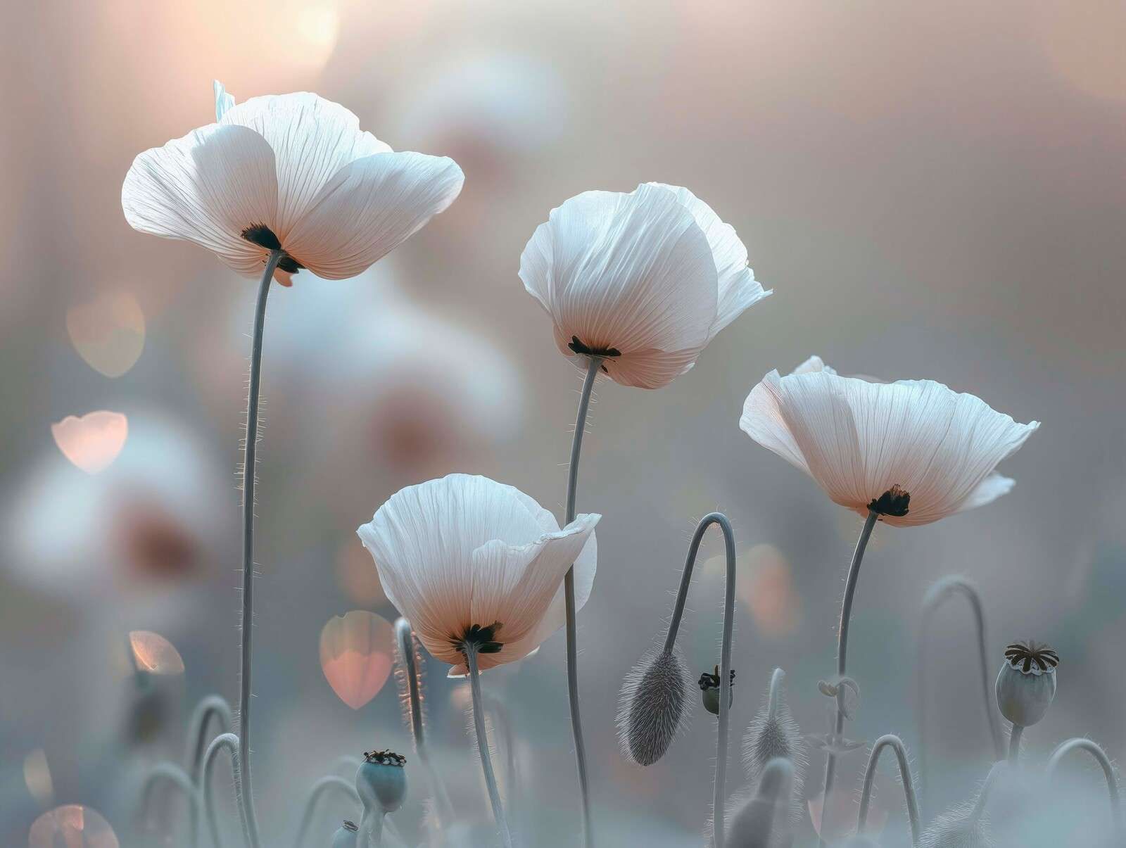 Weiße Mohnblumen im Morgenlicht